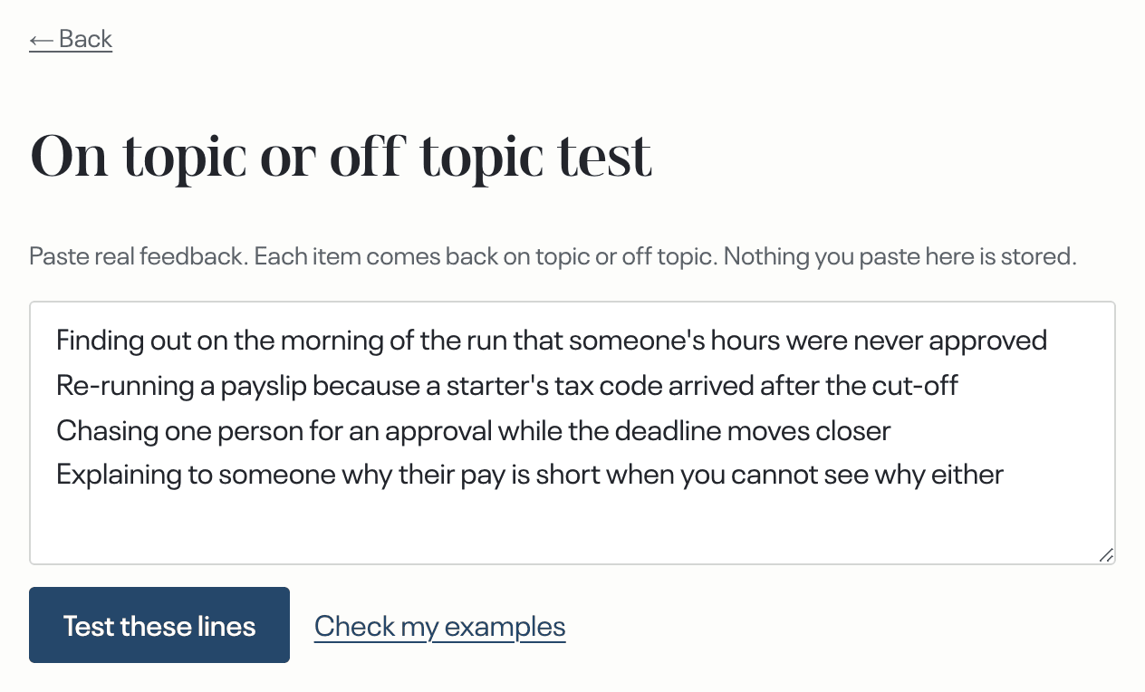 the test screen after a run · the paste field, Test these lines, and the verdict rows marked On topic and Off topic with their reasons