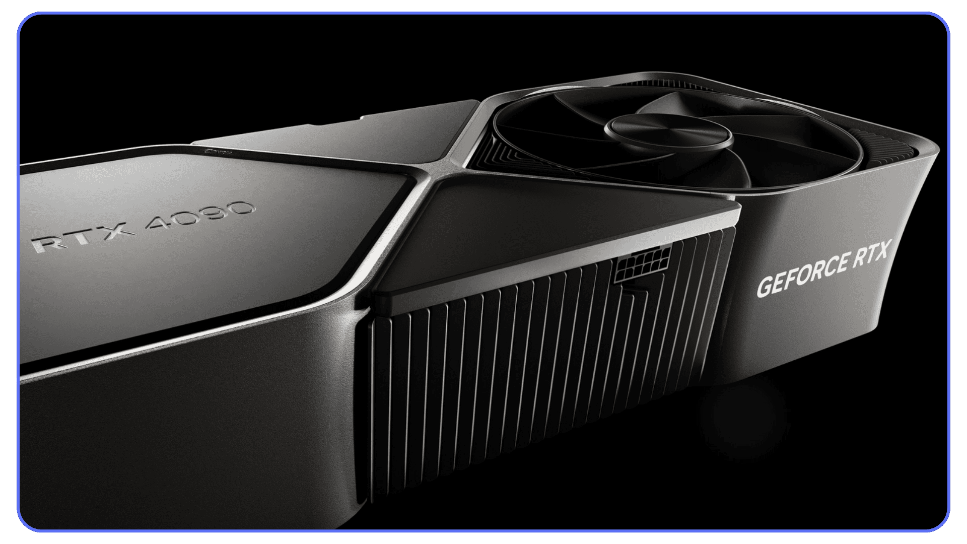 A close angled shot of the Nvidia RTX 4080 graphics card with its large cooling fan.