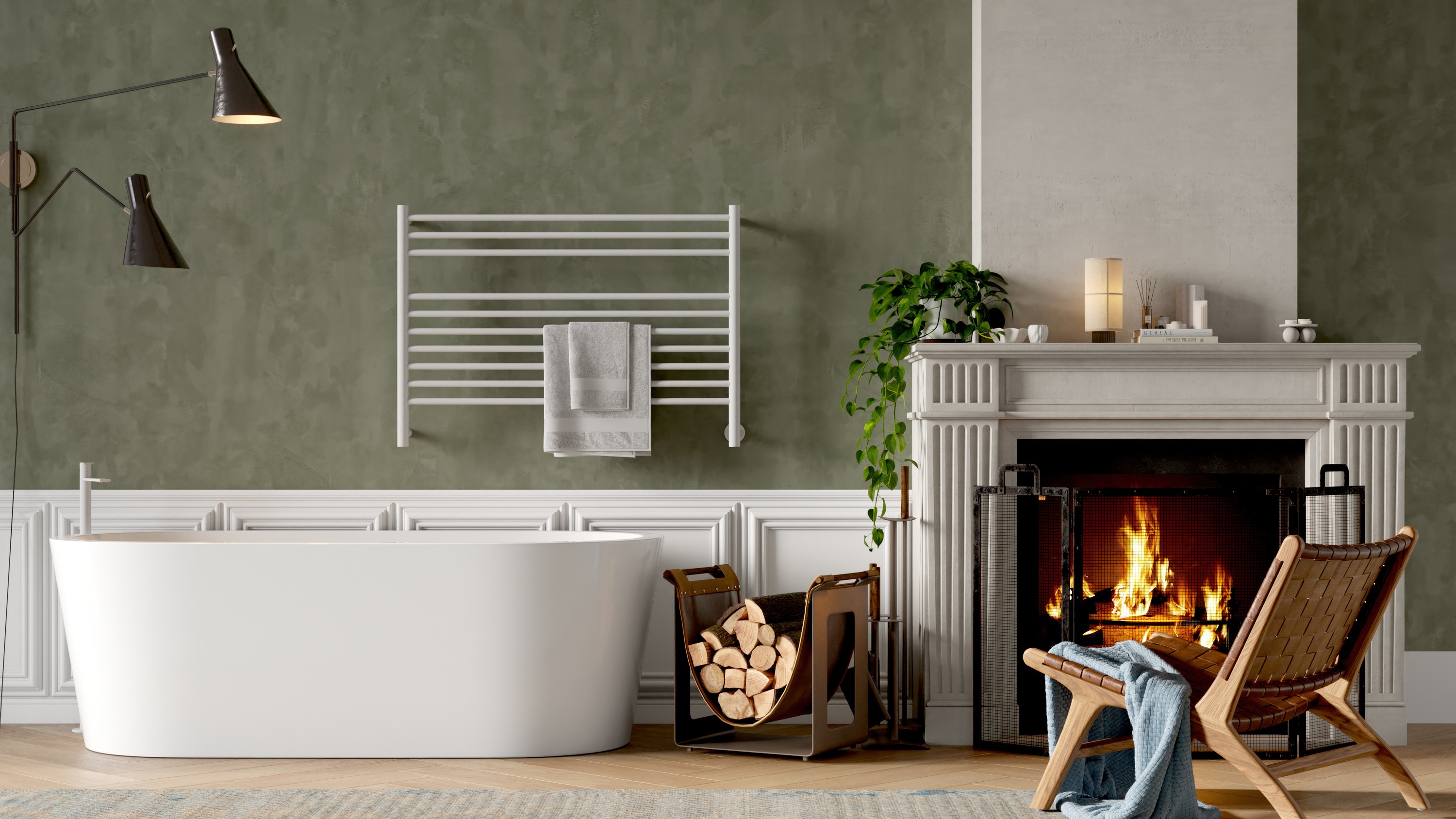 A spacious bathroom render featuring light green walls, a classic white bathtub, a fireplace, and a white vertical radiator.
