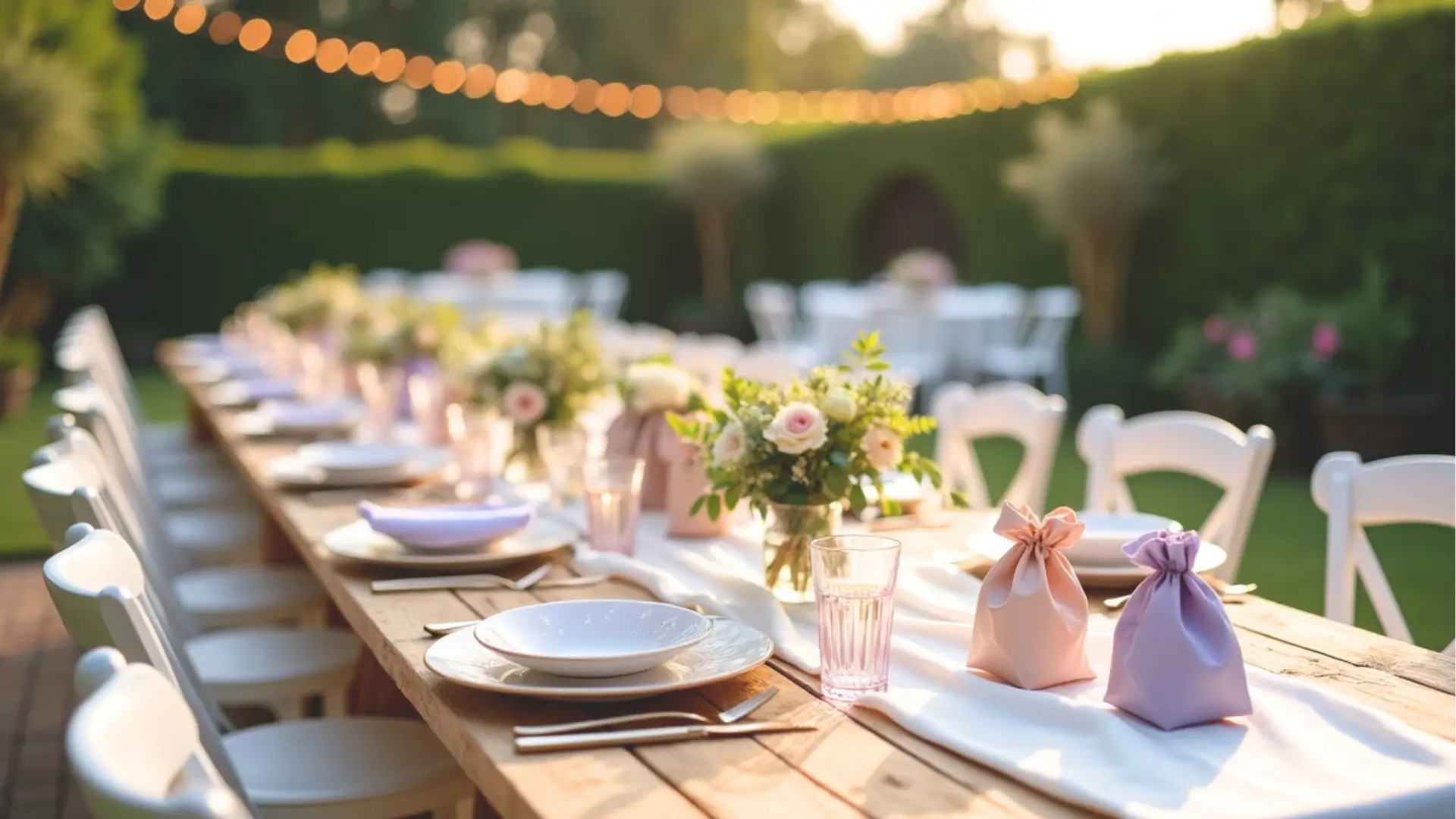 Elegant outdoor wedding reception table decorated with flowers, pastel gift bags, and place settings under string lights at sunset.