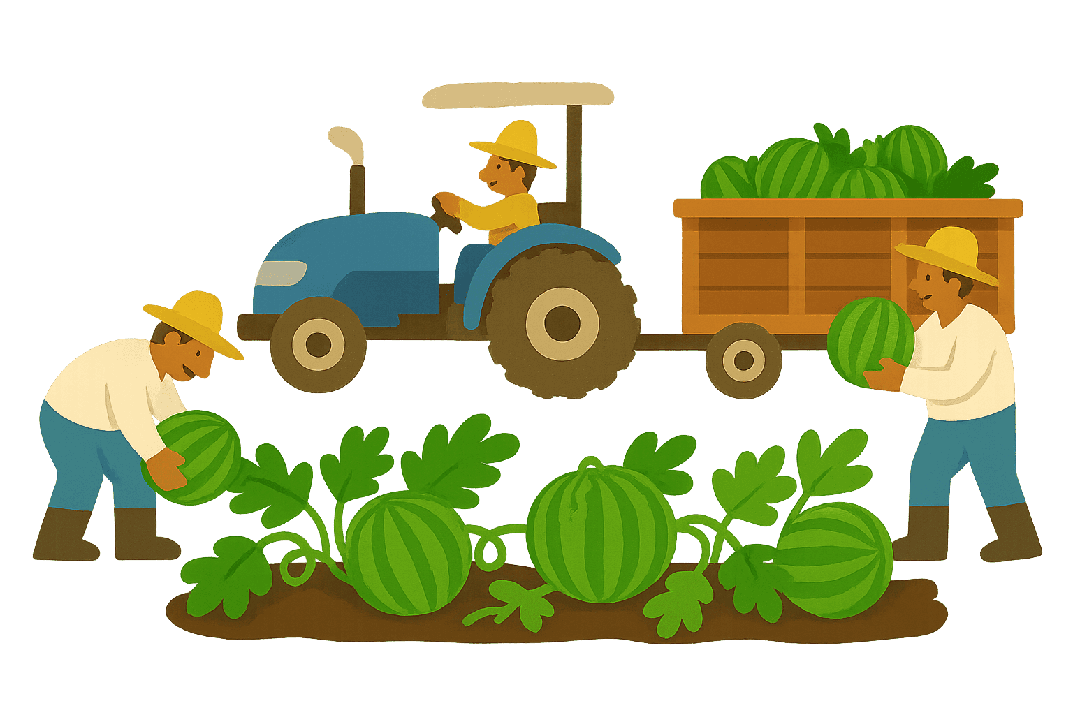 Ernte von den Wassermelonen mit dem Traktor
