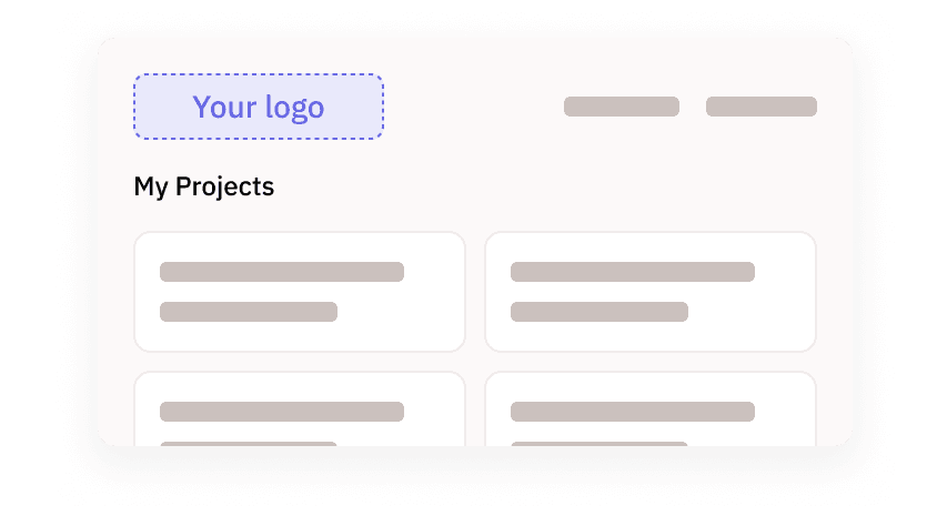 Dashboard with a ‘Your logo’ placeholder and project cards