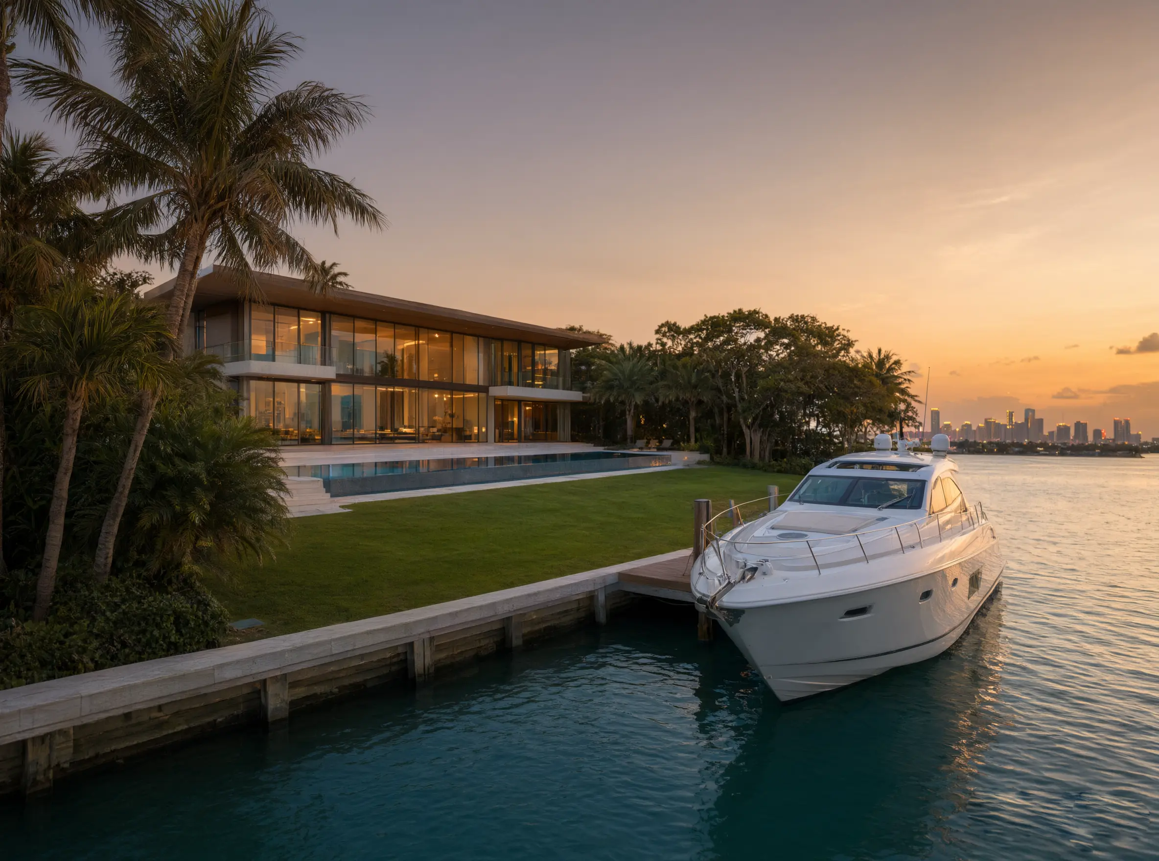 Waterfront view of a modern luxury Indian Creek estate at sunset featuring a large white yacht at a private dock, infinity pool, manicured lawn, and distant city skyline