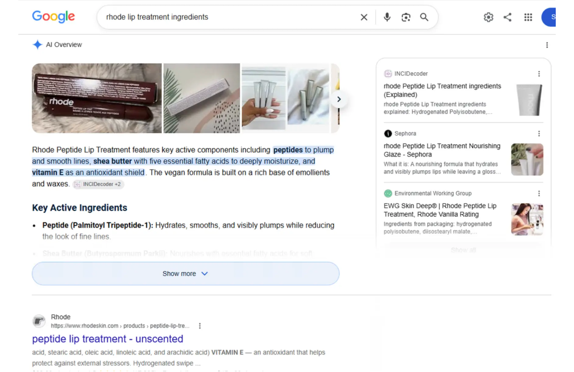 Google search result for Rhode Peptide Lip Treatment ingredients showing AI overview.