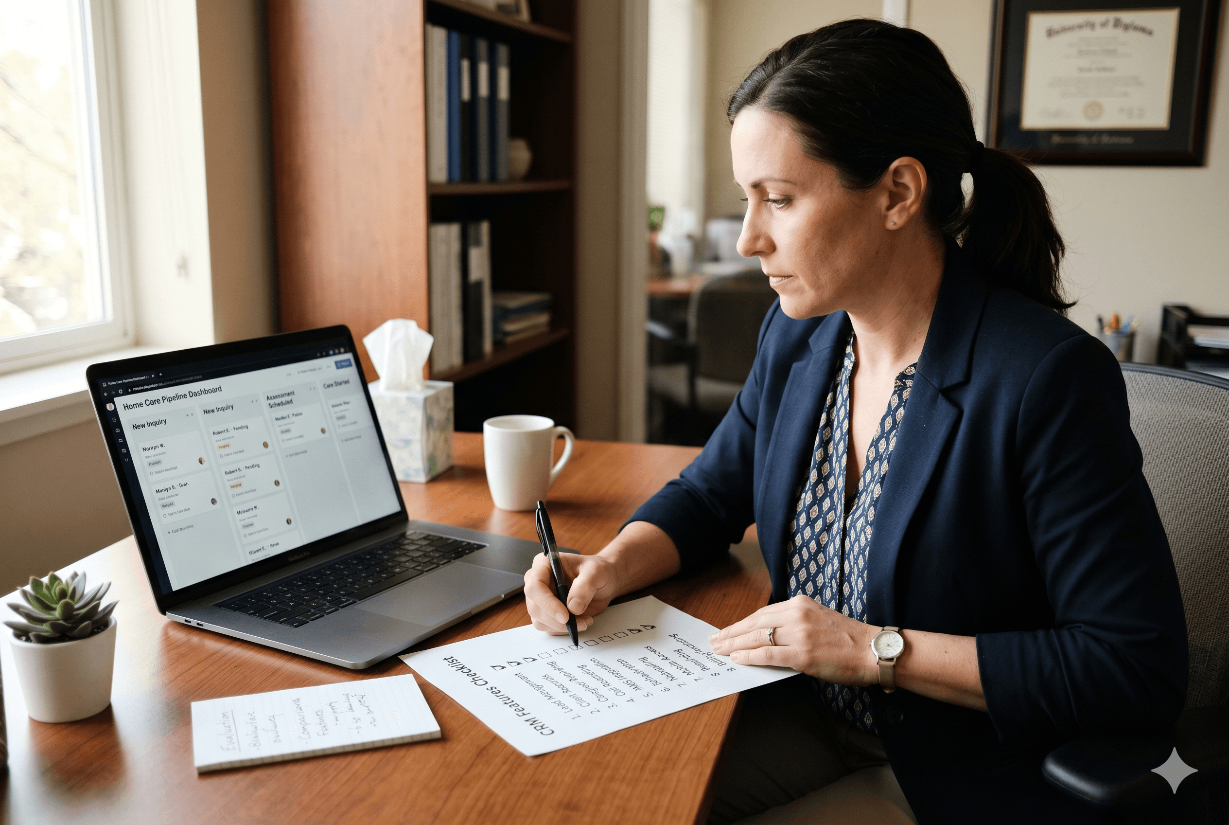 A woman sitting at a desk and pointing at a laptop and taking notes
