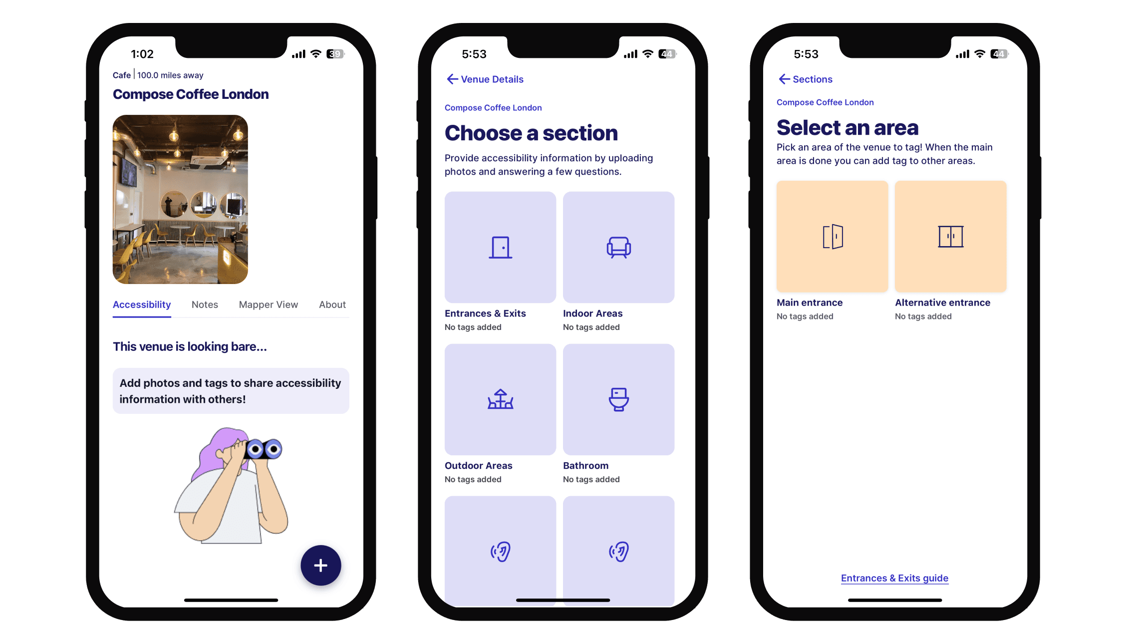Screenshots of the sociability app showing the tagging flow