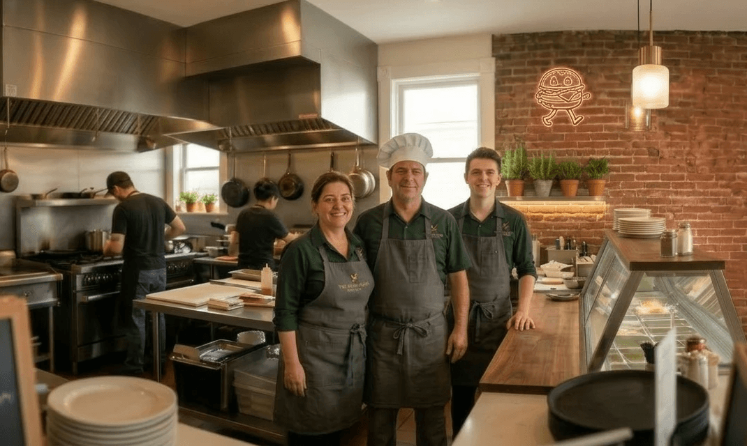 3 persons standing in a professional kitchen