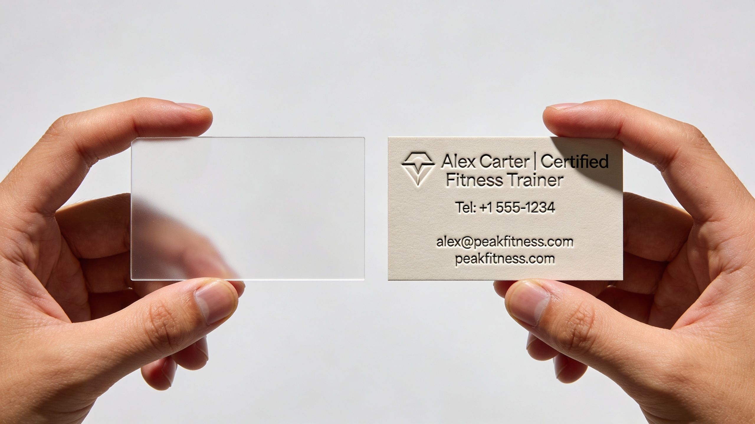 A person holds a blank translucent business card next to a branded card for a fitness trainer.