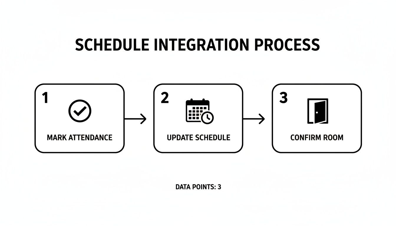 A process flow diagram shows three steps: mark attendance, update schedule, and confirm room.