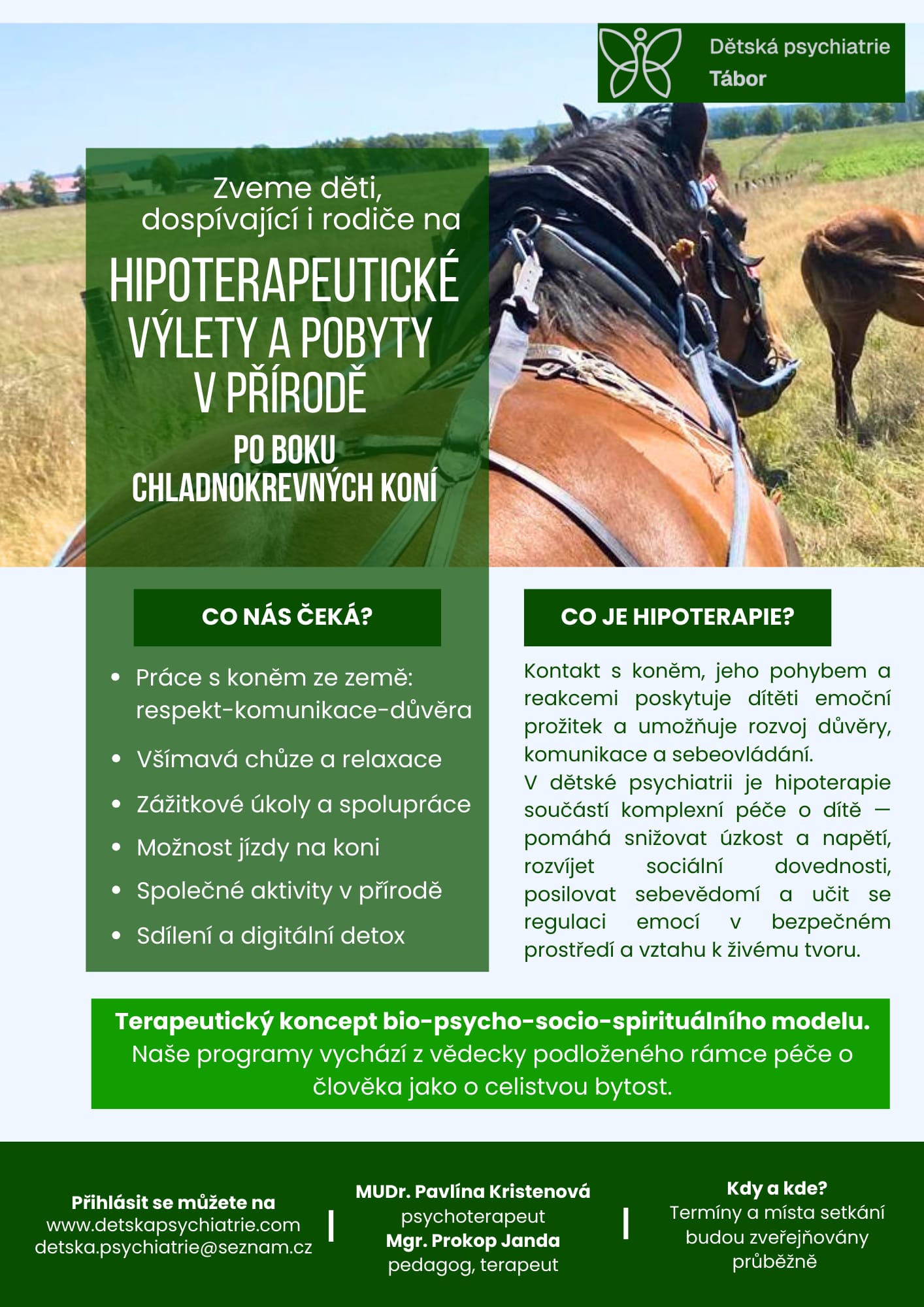 Hipoterapeutické výlety a pobyty v přírodě pořádané Dětskou psychiatrií Tábor – děti, dospívající i dospělí při práci s chladnokrevnými koňmi v krajině. Program zahrnuje hipoterapii, práci s koněm ze země, relaxaci, zážitkové aktivity a rozvoj důvěry, komunikace a seberegulace v rámci bio-psycho-socio-spirituálního terapeutického přístupu.