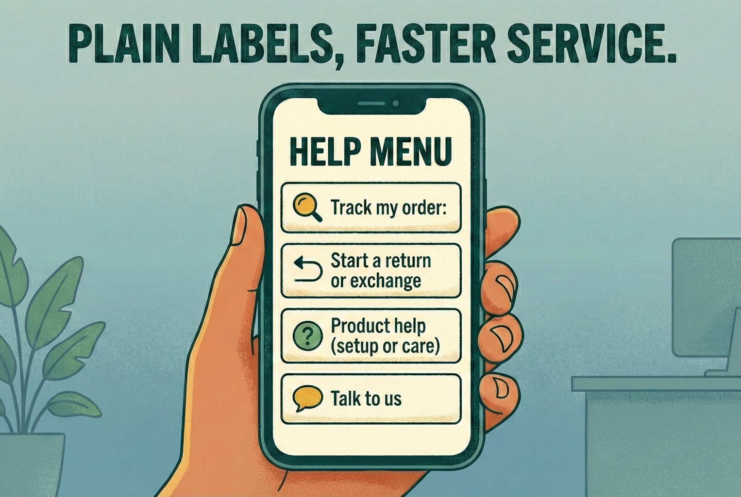 Mobile help menu showing plain support options including track my order, start a return or exchange, product help for setup or care, and talk to us, illustrating how clear labels reduce customer effort and speed up support.