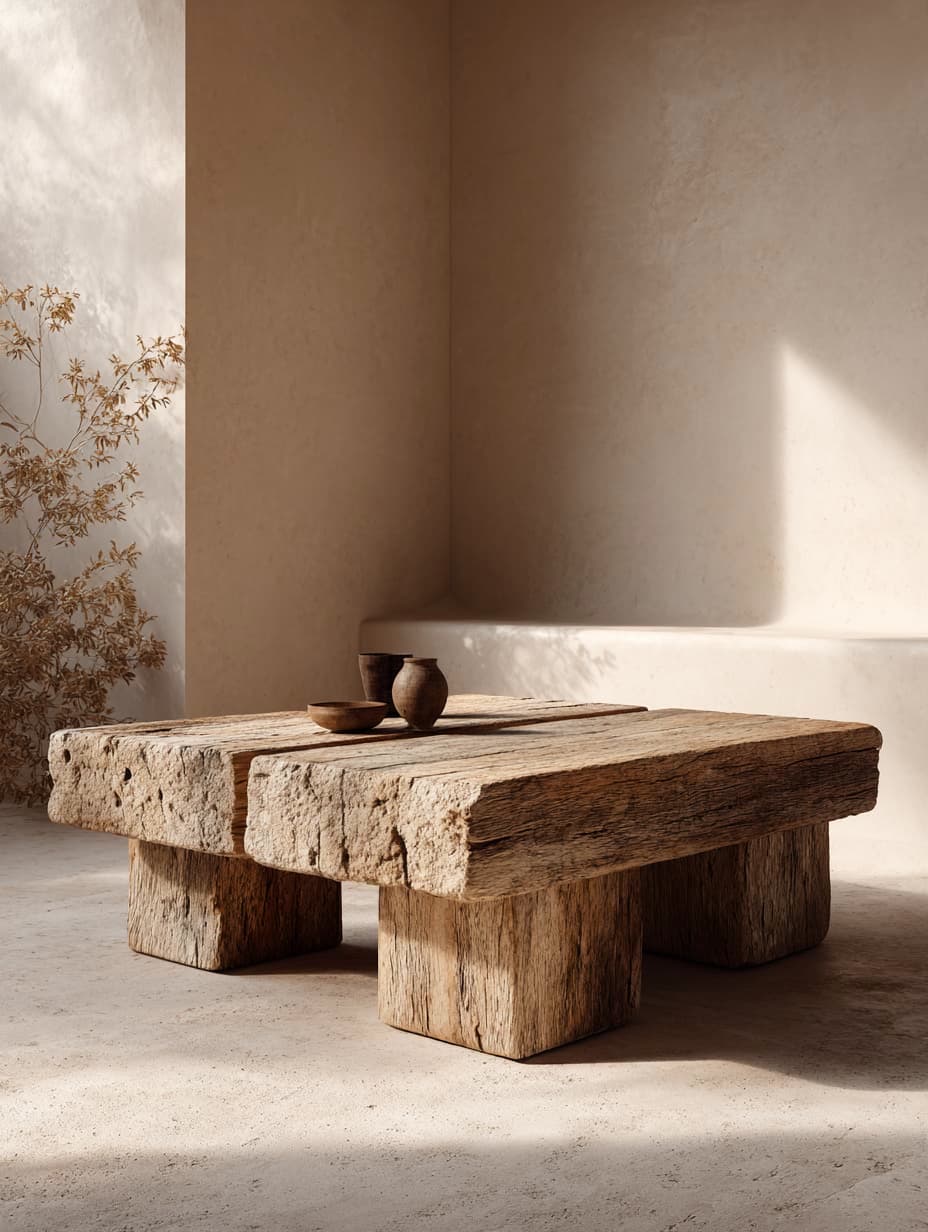 A monolithic coffee table crafted from reclaimed wooden beams.