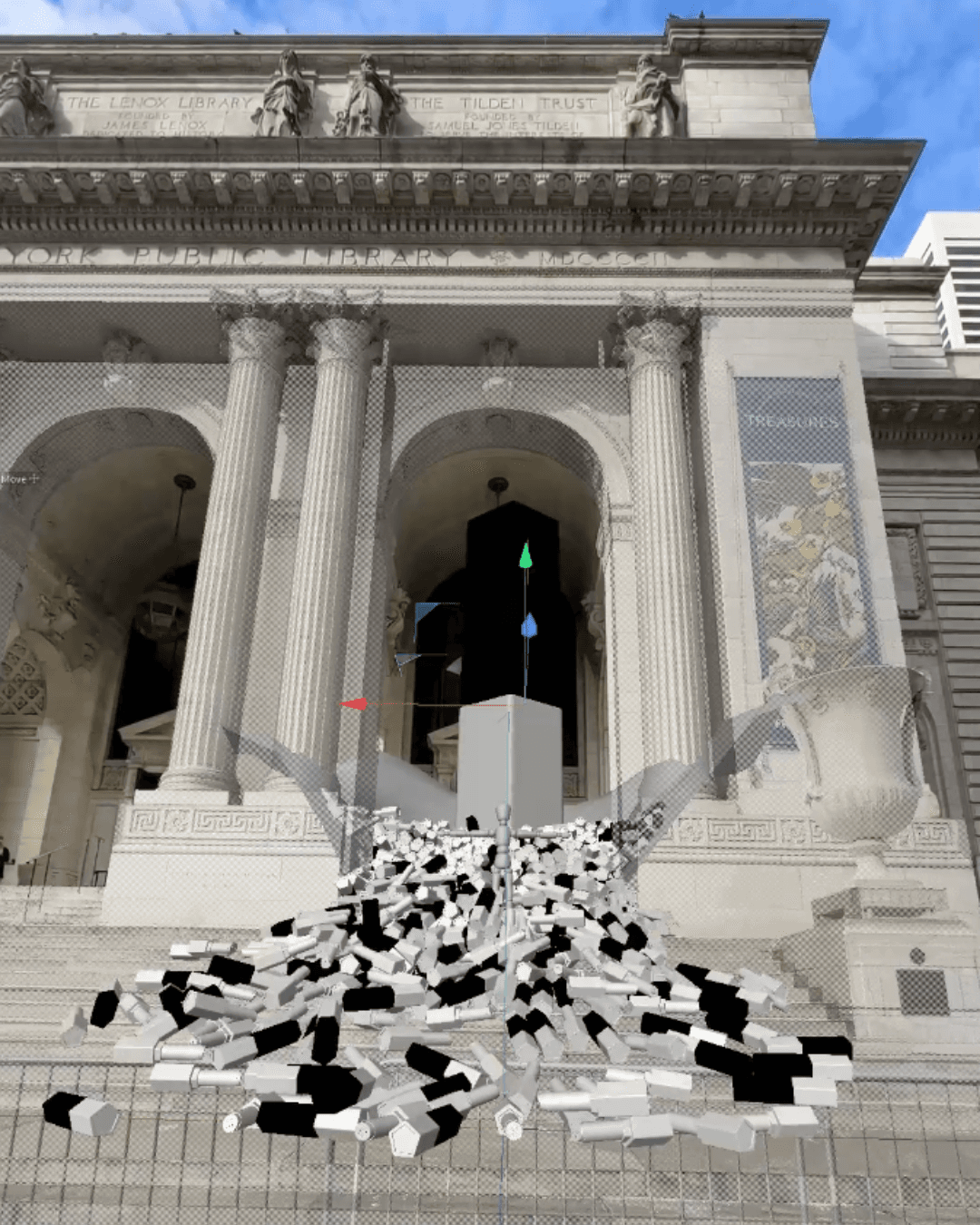 A technical 3D mockup shows the "lipstick spill" mesh being simulated and tracked onto the library's stone steps