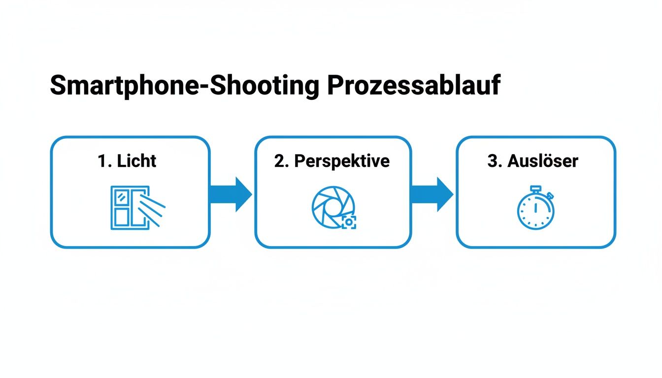 Diagramm, das den Prozessablauf für Smartphone-Fotografie zeigt: Licht, Perspektive und Auslöser in drei Schritten.
