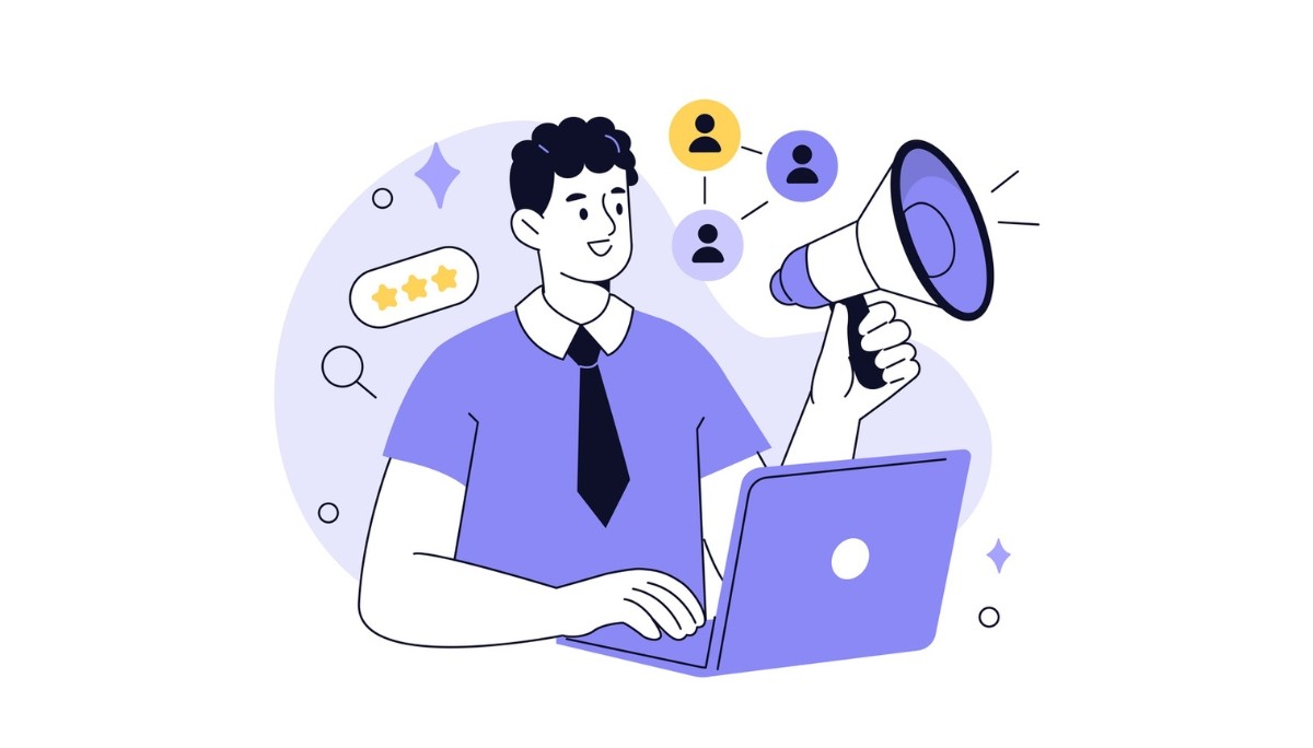 Illustration of a person at a laptop holding a megaphone, surrounded by icons for ratings, search, and connected users, representing job advertisements, programmatic recruiting, free posting sites, and templates for hiring.