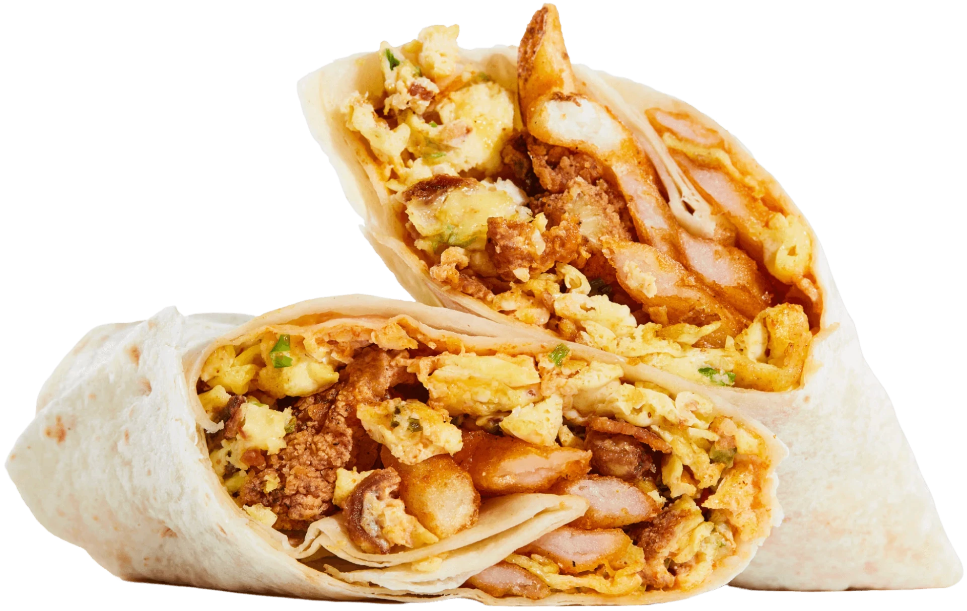 Flour tortilla filled with scrambled eggs, cheddar cheese, crispy or grilled chicken