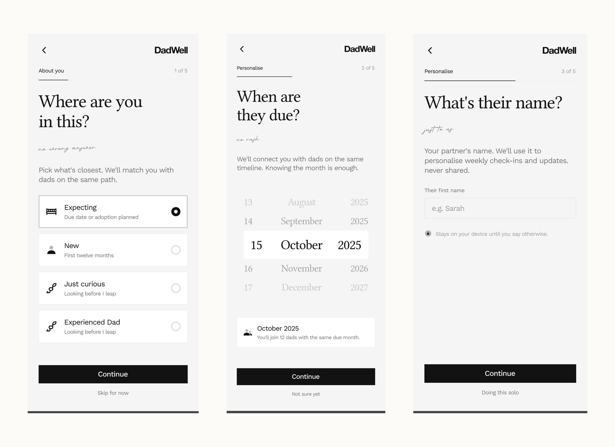 The first three onboarding steps, asking where a father is in it, when the baby is due to the nearest month, and his partner's name, with a doing this solo option underneath