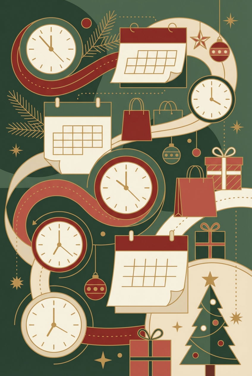 Conceptual festive holiday shopping schedule illustration with clocks, calendars, and Christmas décor.