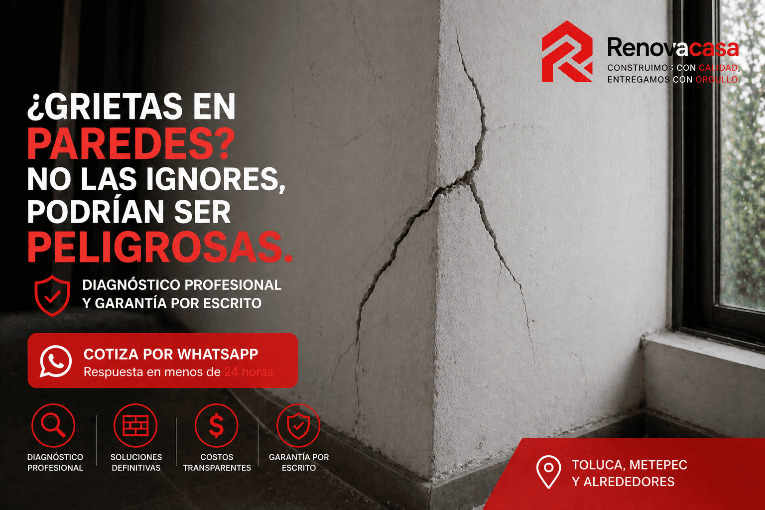 Grietas en paredes en Toluca 2026 | ¿Son peligrosas y cuánto cuesta repararlas?