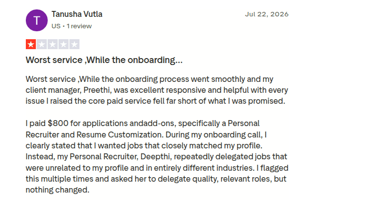 Scale.jobs one-star review about mismatched job applications out of roughly 400 sent