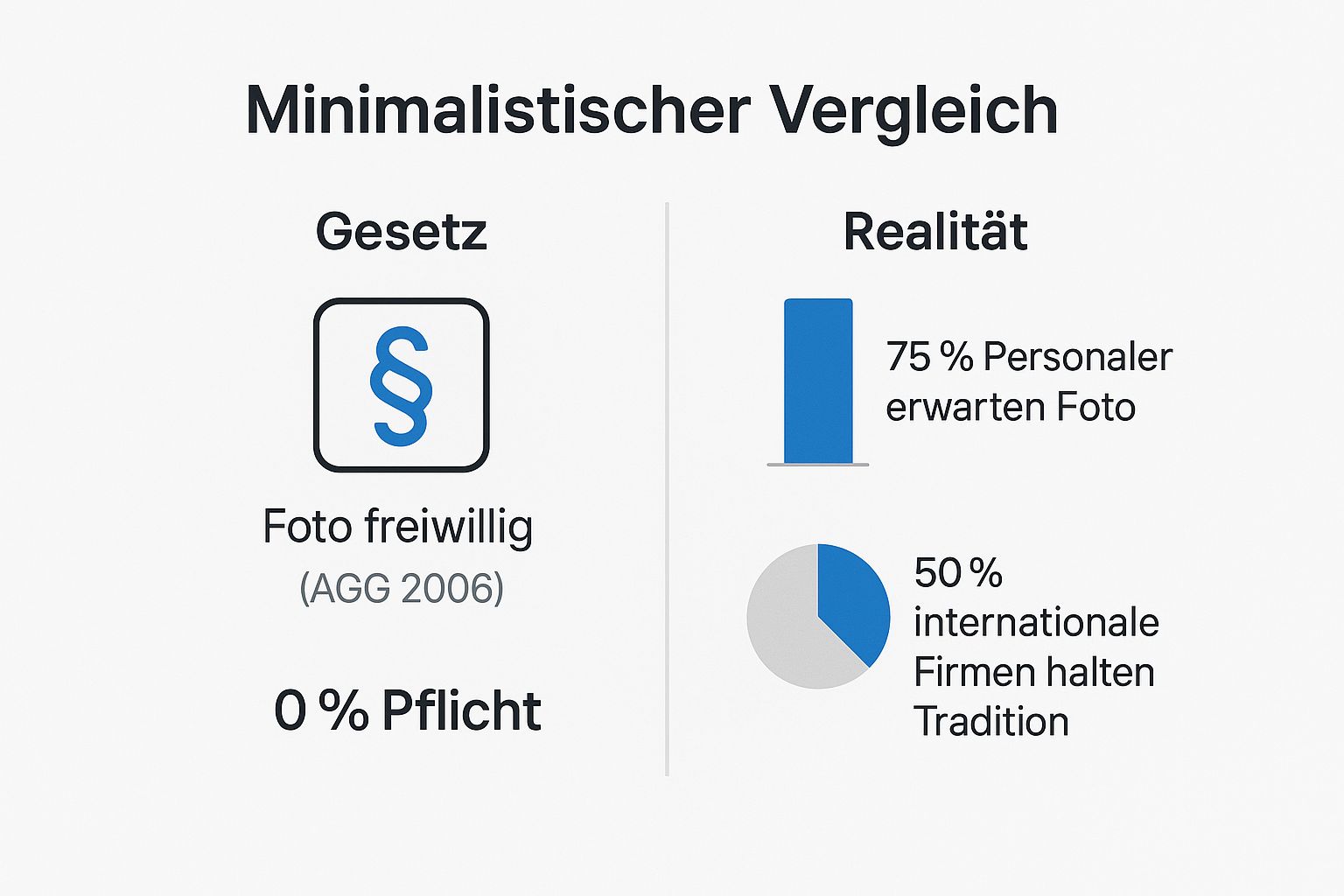 Infografik, die den Kontrast zwischen Gesetz (Foto freiwillig) und Realität (Foto oft erwartet) beim Bewerbungsfoto darstellt.