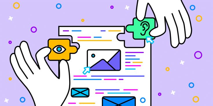 Illustration of hands assembling puzzle pieces into a webpage layout, symbolizing logically structured and accessible content.