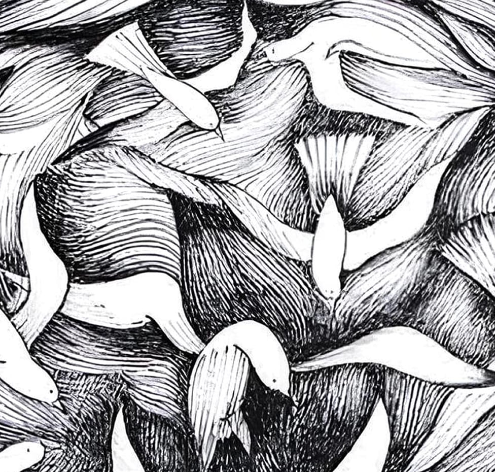 Abstract composition of flying doves in motion, illustrating the flow of ideas, imagination, and the fluid nature of the mind.