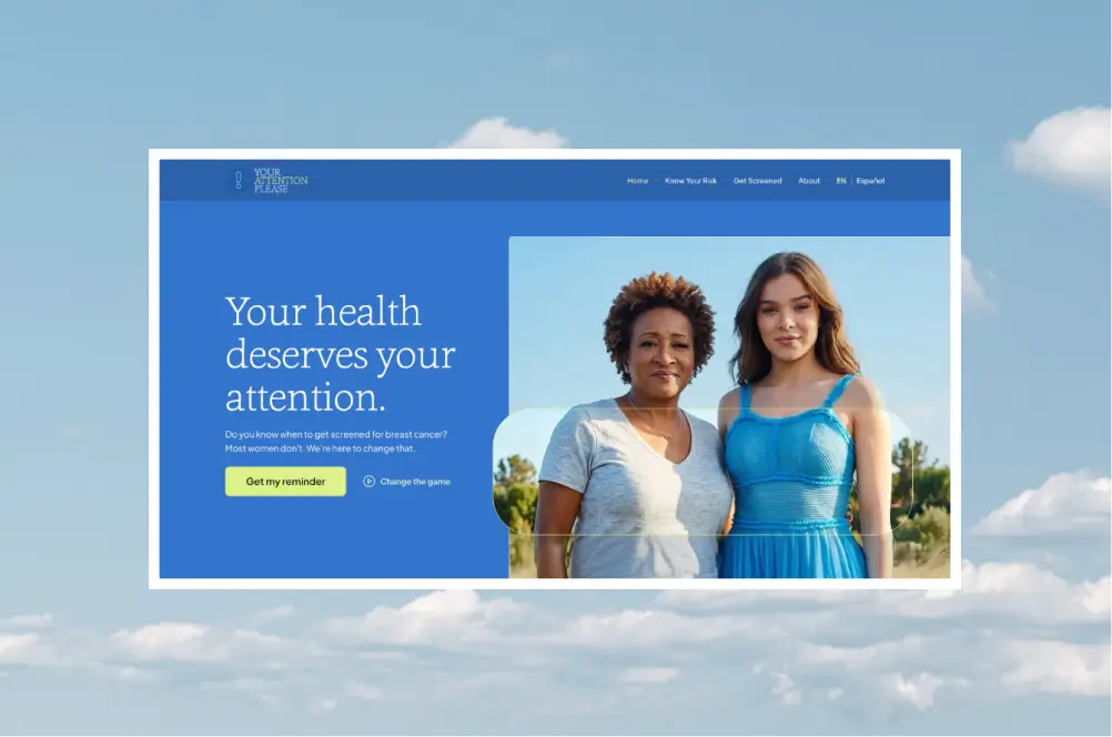 The Your Attention please redesigned homepage featuring Hailee Steinfeld and Wanda Sykes, layered over blue sky with soft clouds.