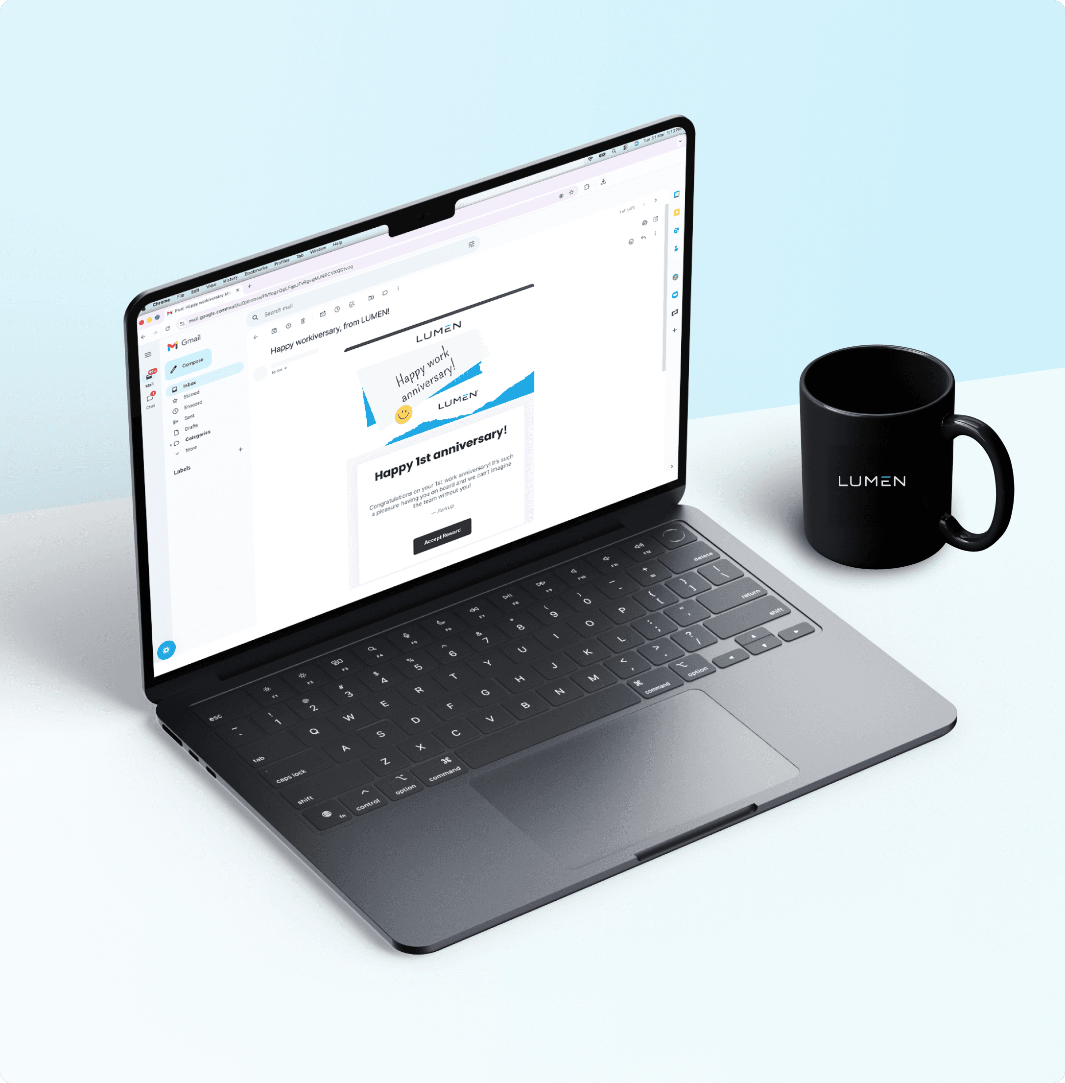 A person smiling while using a laptop, with three cards floating beside them. The cards display the messages "Thank you!", "Above & Beyond!", and "Welcome to the Team!", all branded with the name "Lumen".