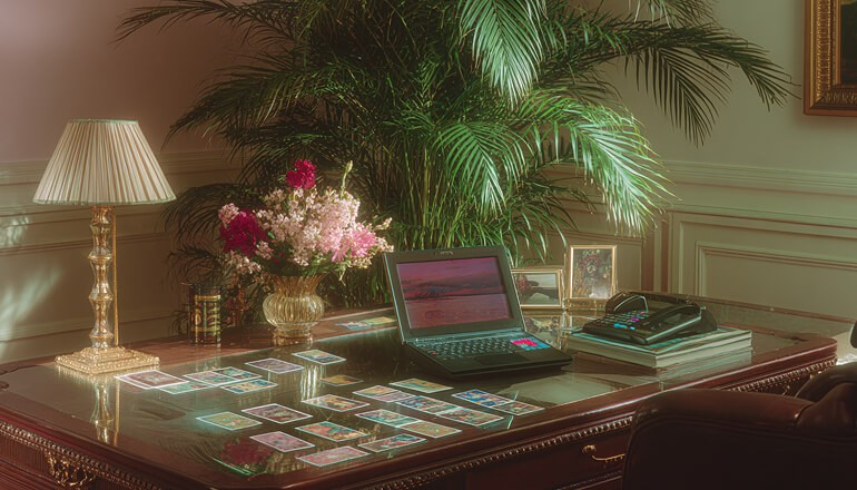 Cards on desk next to a laptop.