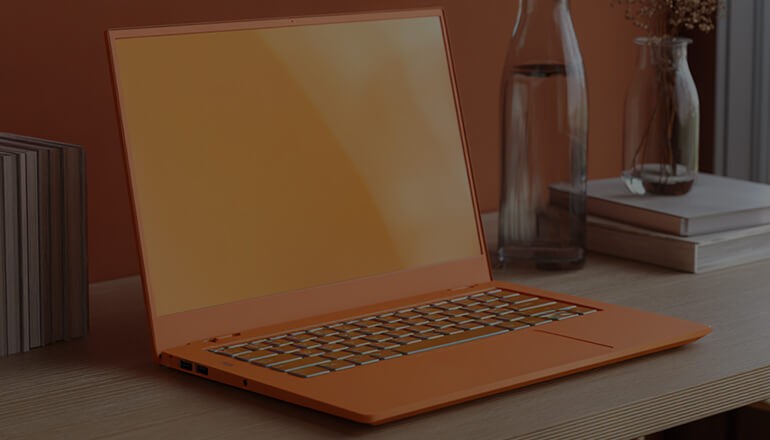 Floating orange laptop in the clouds