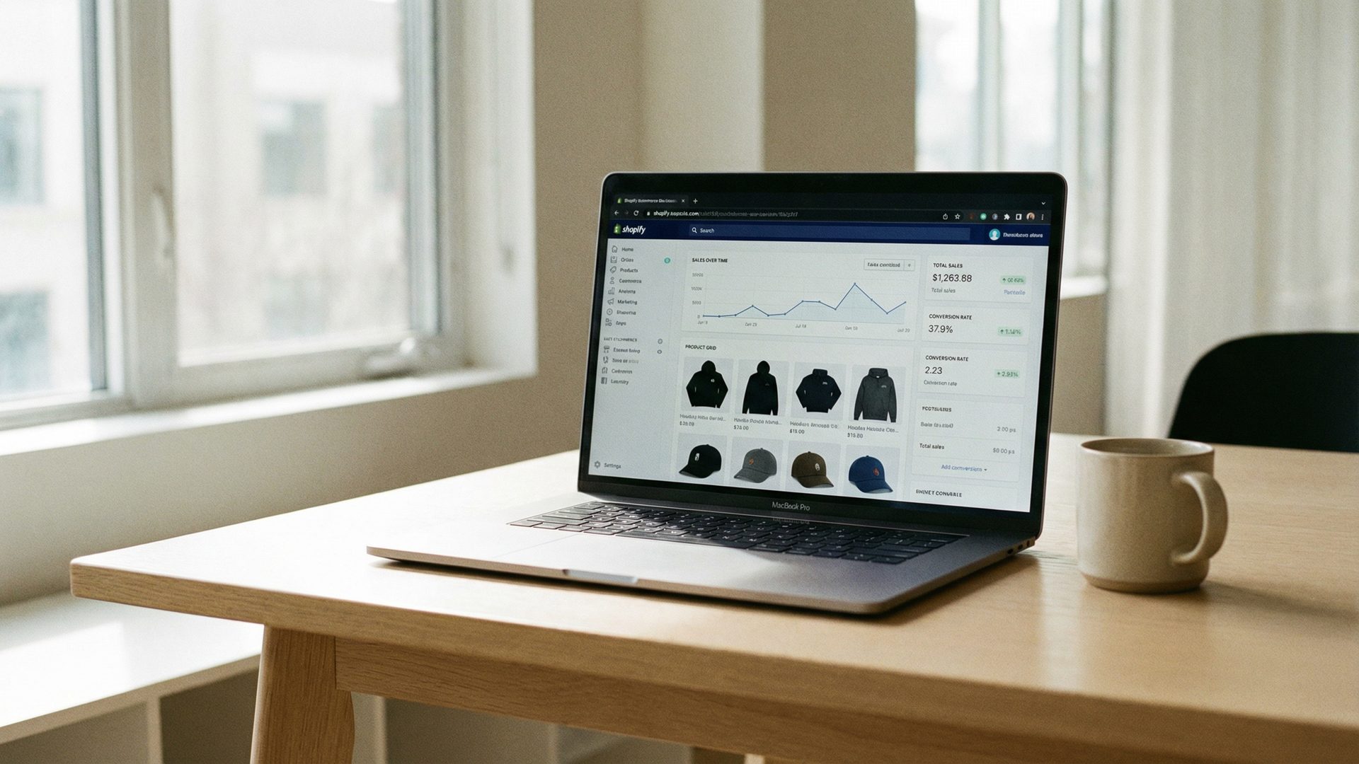 A sleek MacBook Pro on a clean white oak desk in a modern office, the screen showing a well-designed Shopify ecommerce dashboard with sales graphs, a product grid of dark hoodies and caps, and analytics data.