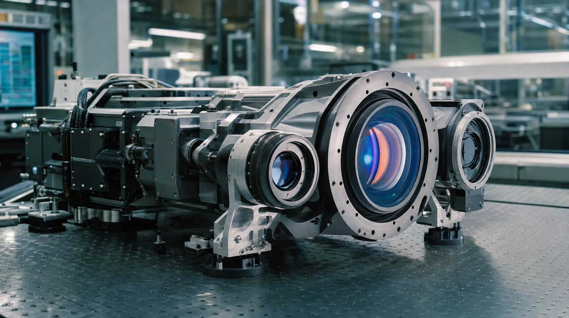 Manufacturing shop floor with a metal precision optical/laser component mounted on a base plate, used to support a medical device marketing strategy.
