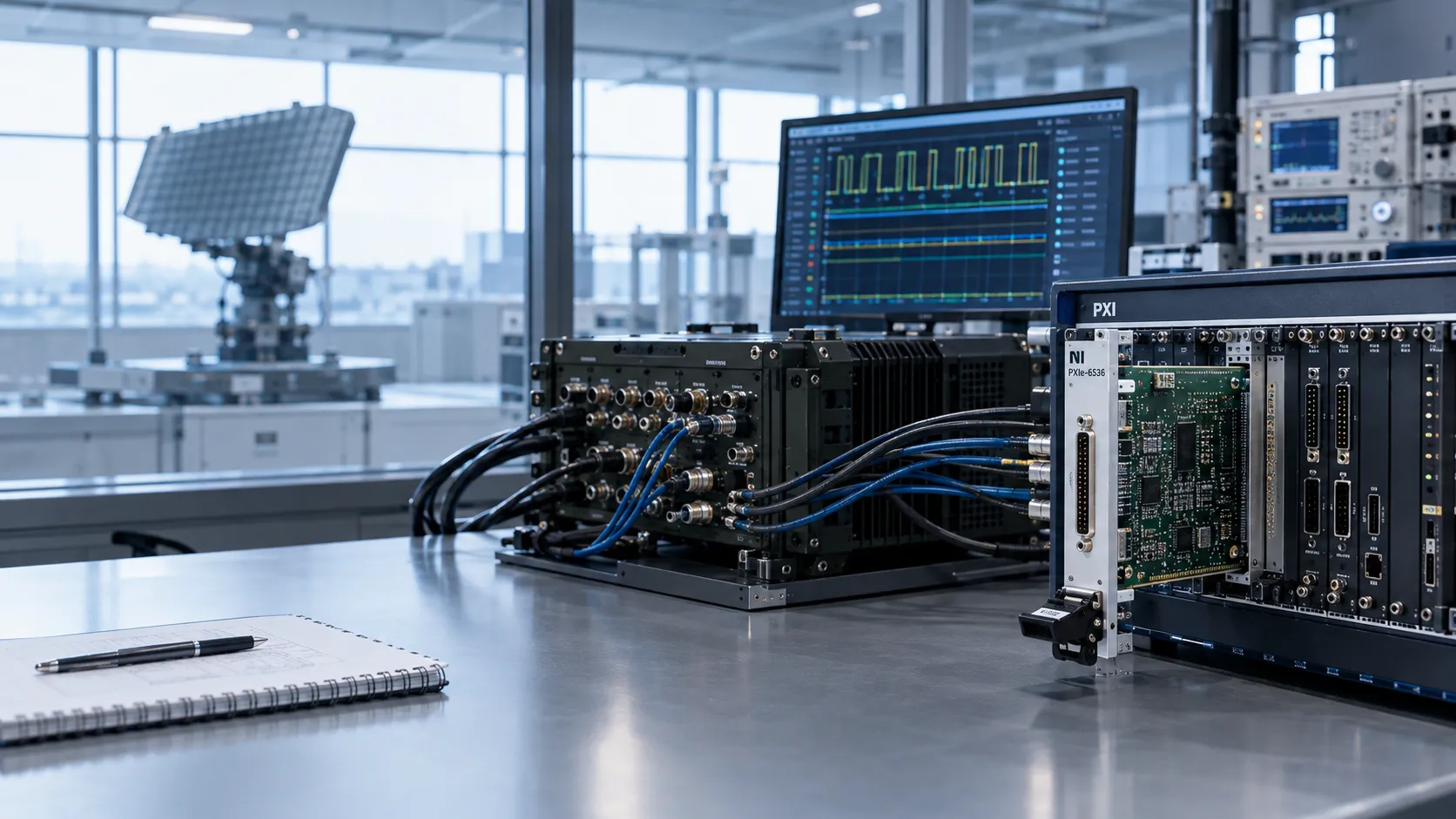 Radar test bench with rugged I/O chassis, PXI system and signal monitor, radar antenna in the background