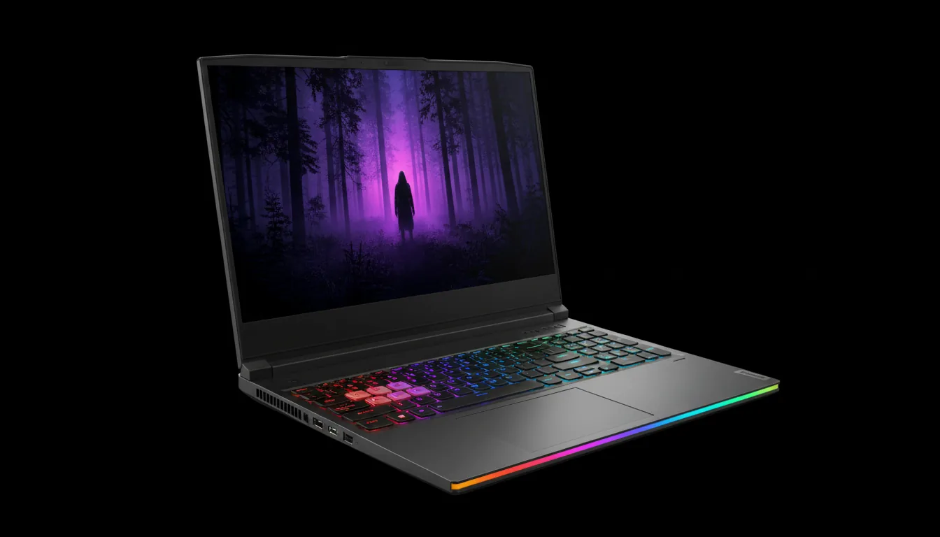 Commercial product photography of a modern Lenovo Legion gaming laptop, angled three-quarter view, isolated on a clean black background. The laptop is open, featuring a matte dark gray chassis, a full rainbow RGB backlit keyboard, and an RGB light strip along the front edge. The screen is illuminated, displaying a cinematic wallpaper of a dark forest at night with a glowing neon purple light and a silhouetted figure. Soft studio lighting, hyper-detailed, sharp focus.