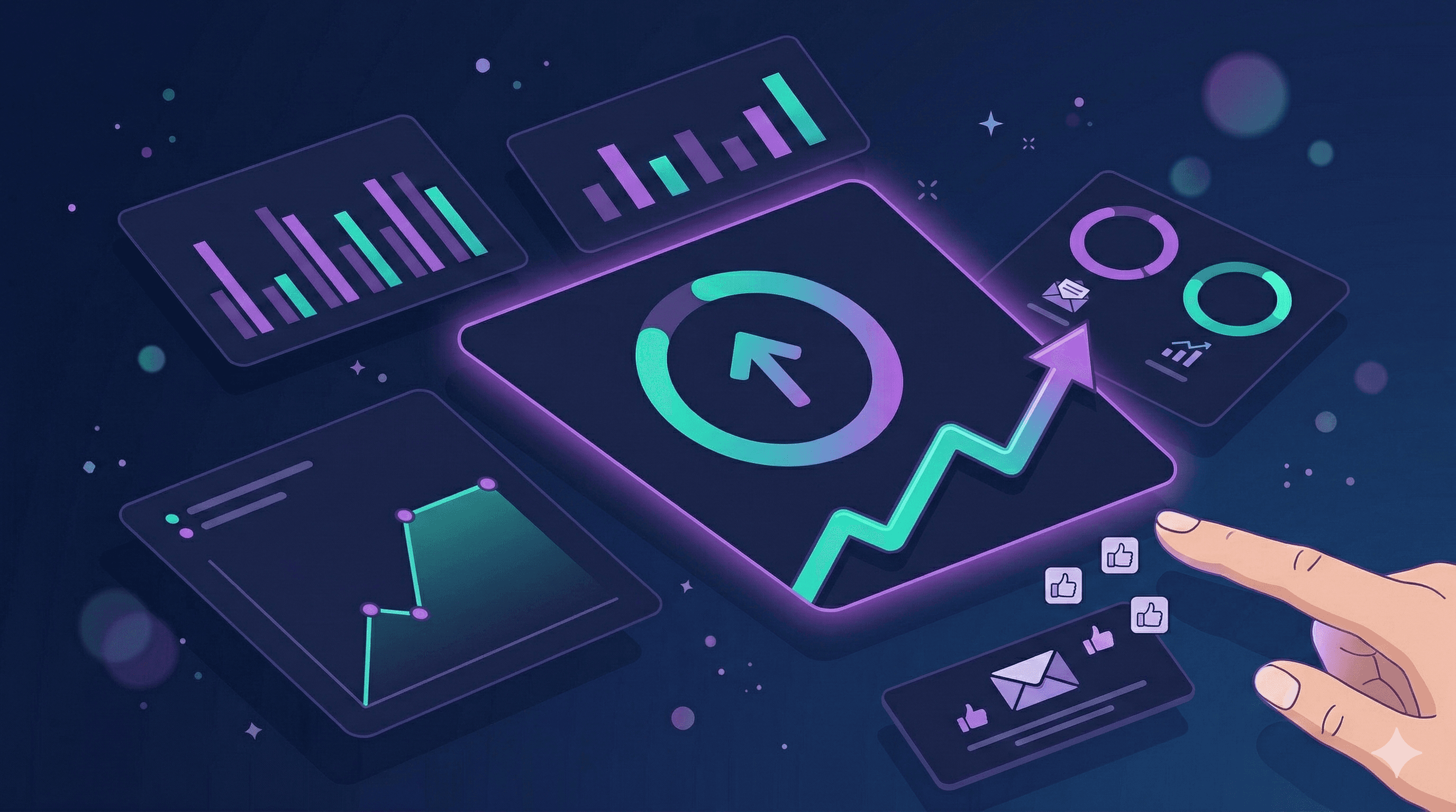 A modern analytics dashboard illustration showing email performance metrics. Floating cards display bar charts, line graphs trending upward, and circular progress indicators. One prominent card shows a high percentage with an upward arrow. Purple and teal accent colors on a dark navy dashboard background. Soft ambient glow effects on the data cards. Clean, minimal data visualization style. No text. 16:9 aspect ratio.