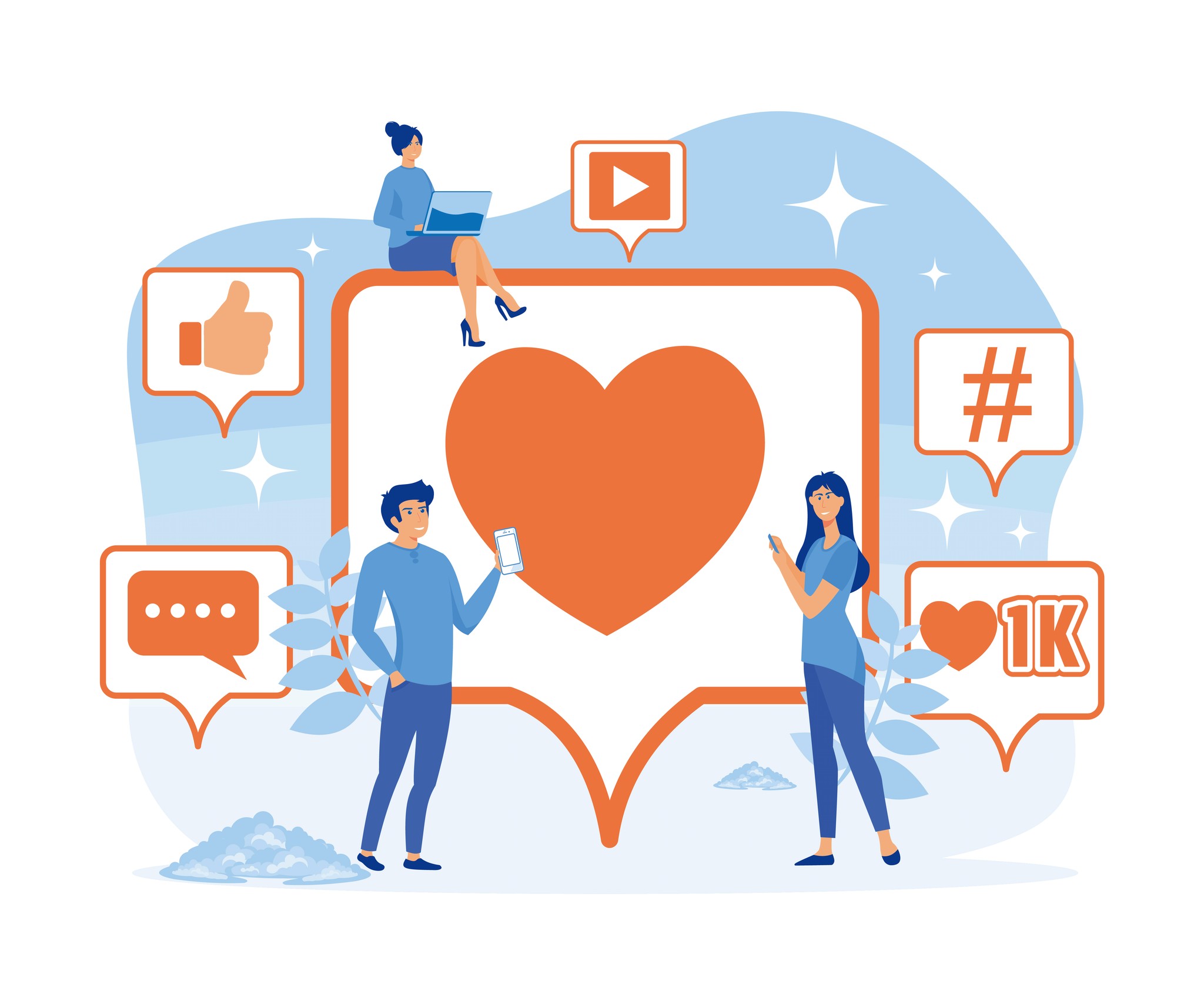 A group of people gathered around a heart-shaped icon surrounded by various social media symbols.