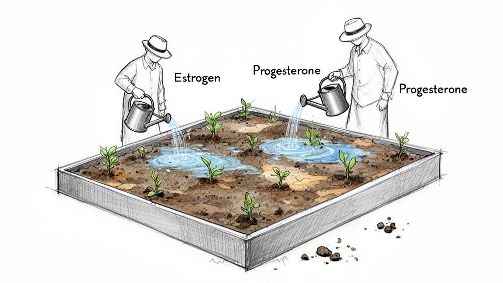 An illustration of two figures, labeled Estrogen and Progesterone, watering plants in a raised garden bed.