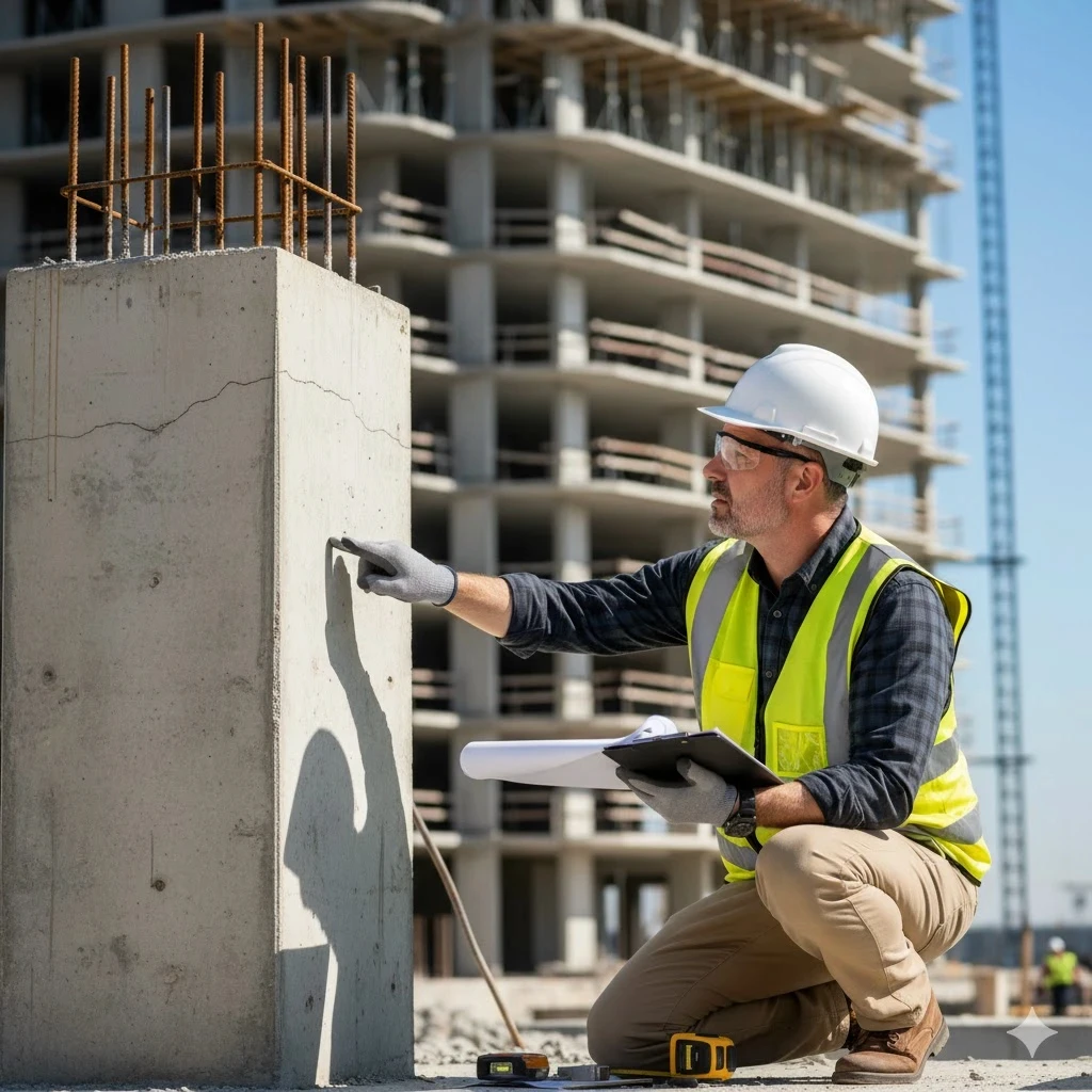 Engineer inspecting building foundation with clipboard