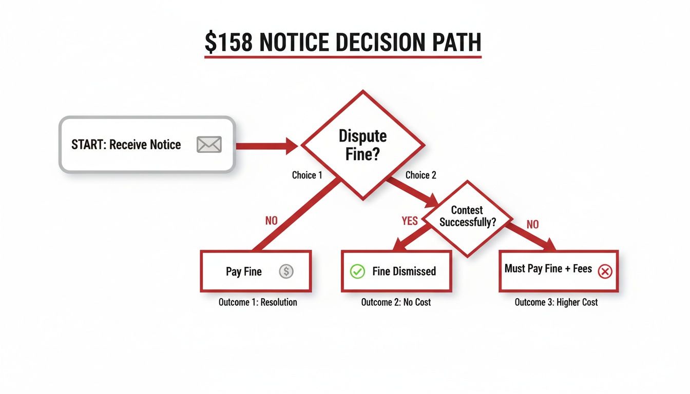 Flowchart detailing the decision path for a $158 notice, showing options to pay or dispute.