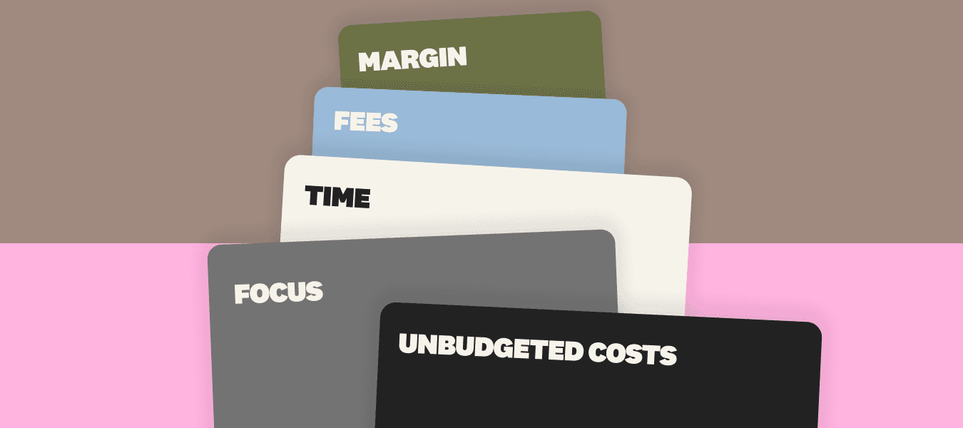 Stacked cards showing hidden costs of vendor negotiations: margin and fees are visible on top, but underneath lie time, focus, and unbudgeted costs that never appear in P&L reviews