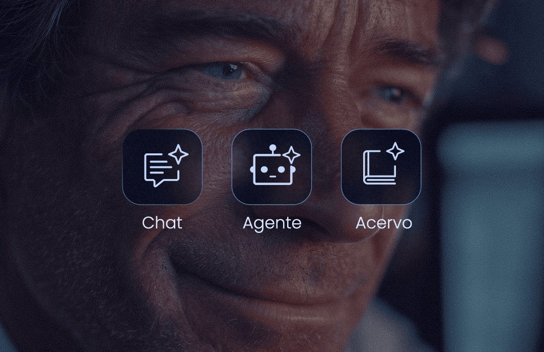 Ícones das funcionalidades da Inspira sobrepostos ao rosto de um homem: Chat, Agente e Acervo, demonstrando a tecnologia assistiva da plataforma.