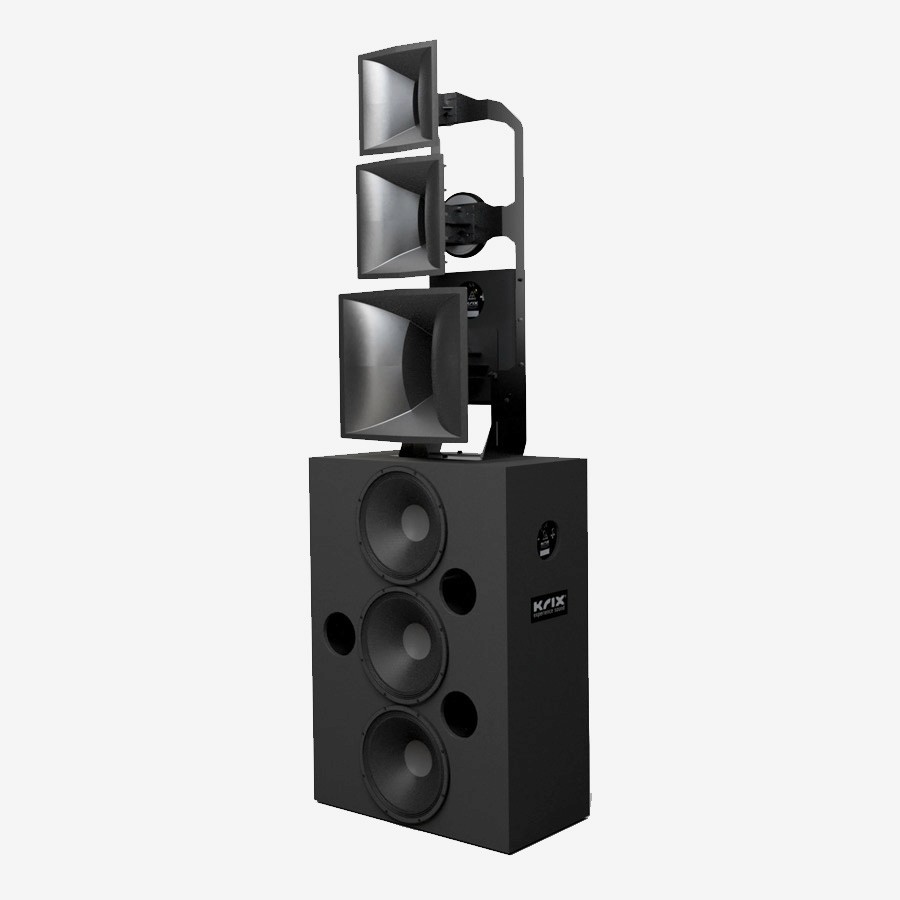 Black speaker system with three horns and three woofers