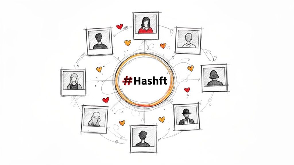 A hand-drawn sketch showing a central hashtag '#Hashft' connected to multiple user profile icons with hearts, symbolizing social media engagement.