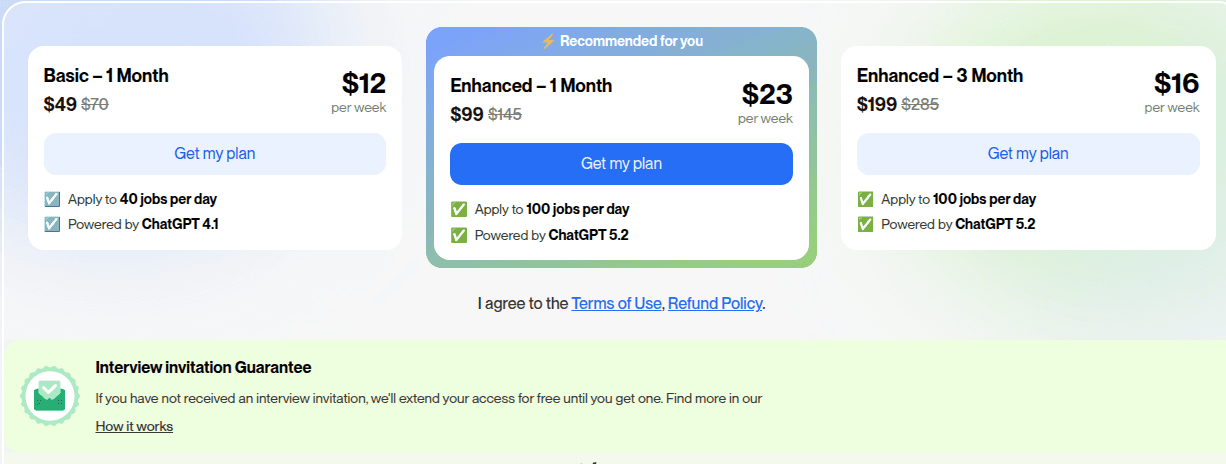 JobHire.ai pricing showing Basic at $49 and Enhanced at $99 per month with daily application limits