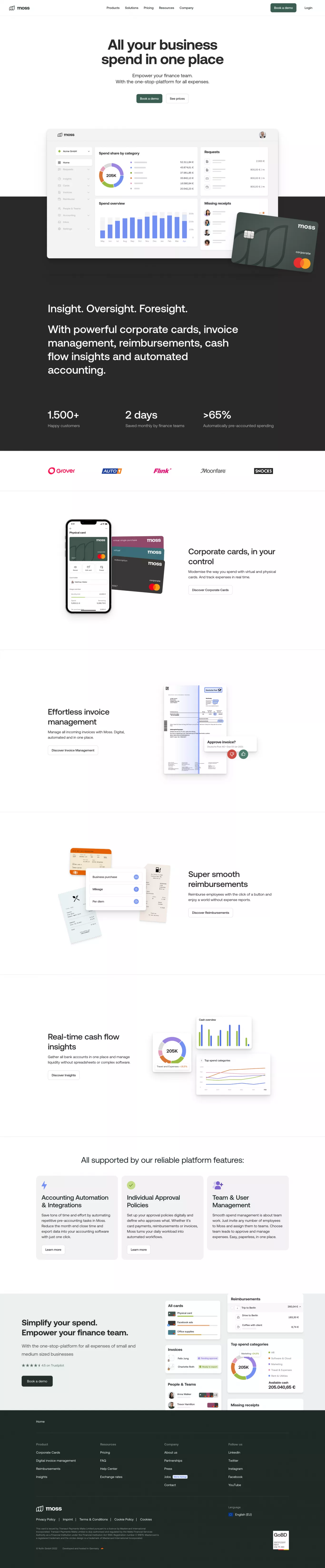 Moss: The all-in-one spend management pl landing page screenshot showcasing Tech and Finance design