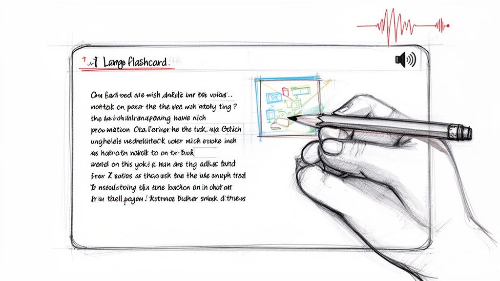 Illustration of a hand holding a pencil, writing on a digital flashcard for language study.