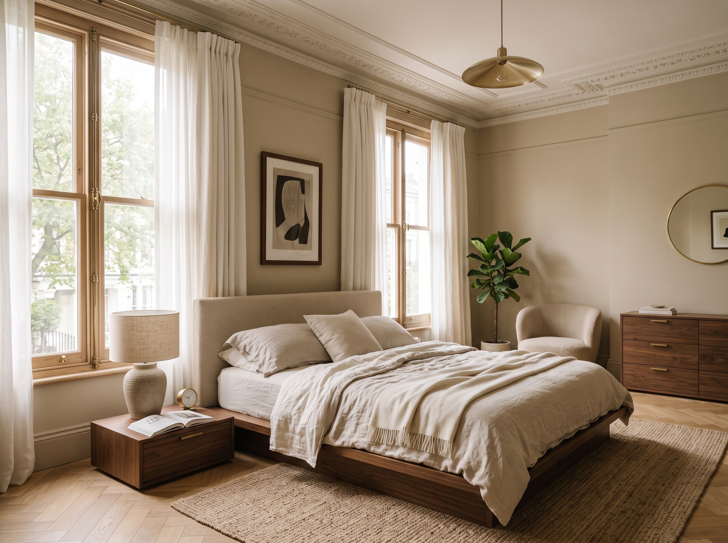 Suite bedroom, low platform bed, soft morning light through the sheer curtains. 