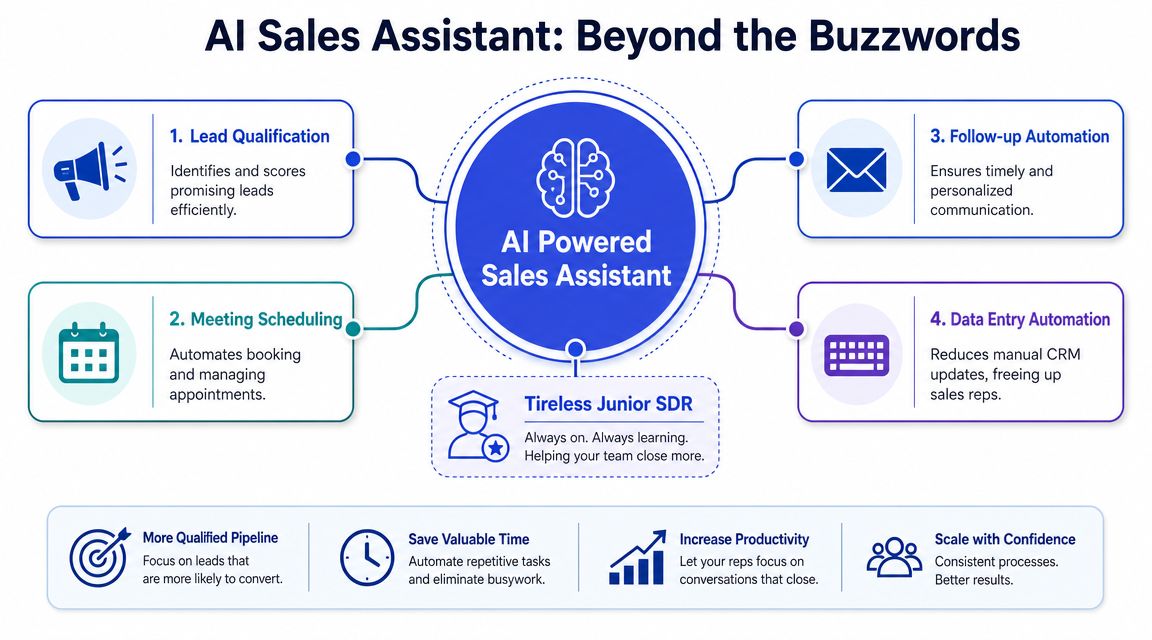 A diagram illustrating the four key functions and benefits of an AI powered sales assistant for teams.