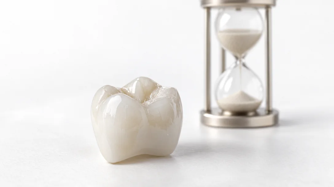 Clessidra accanto a un dente in ceramica su fondo bianco